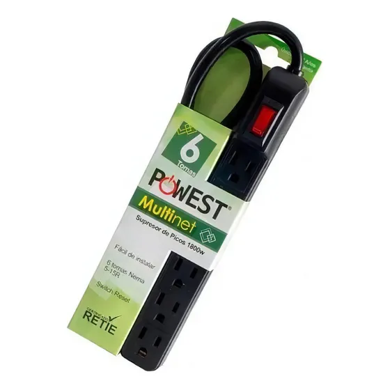 Multitoma Regleta Supresor De Picos 6 Tomas Powest Negro