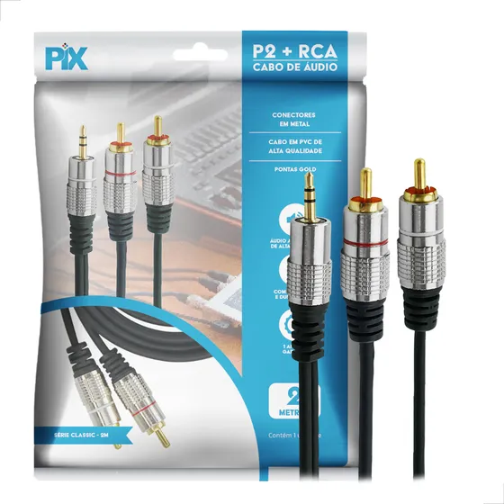 Cabo De Audio P2 X 2 Rca 2m Profissional Plug Metal 2 Metros