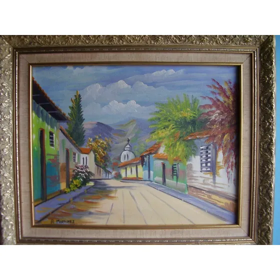 Pintura Al Oleo,con Marco Decorativo Calle,casa, Paisaje