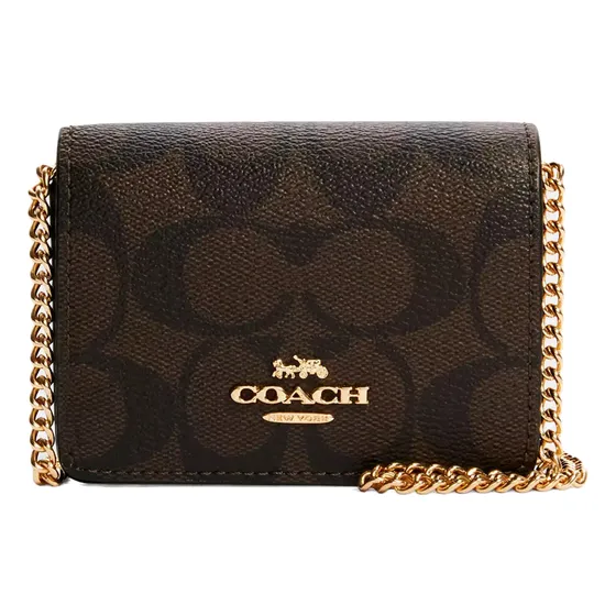 Mini Bolsa Cartera Coach Mini Wallet On A Chain Crossbody Marrón Lisa Oro Dorado
