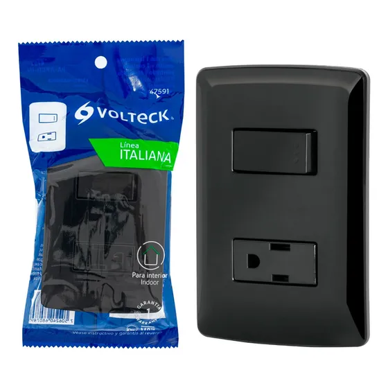 Placa Con Contacto E Interruptor, Negro, Volteck 47591 Color Negro Corriente nominal 15 A Voltaje nominal 127V