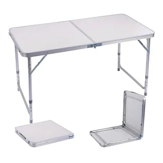 Mesa Dobrável Omega Alumínio Maleta 120x60cm 3 Alturas Camping Praia Branca Branco