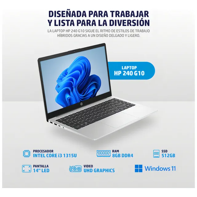 Laptop HP 240 G10 AL2Q4LT, Core i3 1315u, 8GB RAM, 512GB SSD, Windows 11 Home, Gris