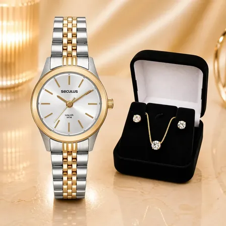Relógio Seculus 24mm Bicolor Feminino Com Presente Semijoia Banhado A Ouro Prateado Dourado Prata