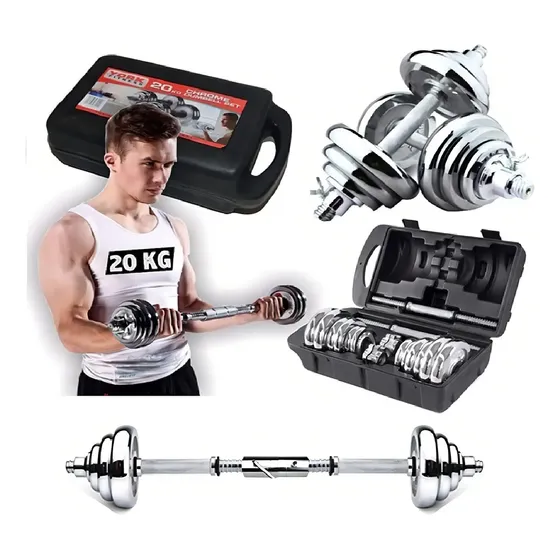 Set De Pesas 20kg + Adaptador Para Barra Recta +2 Mancuernas Color Cromado | Cuotas sin interés