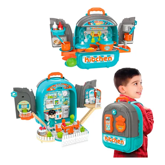 Mochila Cocina 3 En 1 Juguete Playset Plegable Accesorios Color Celeste