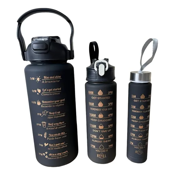 Kit 3 Garrafas Água Squeeze Fumê Academia Adesivos Canudo Cor Preto