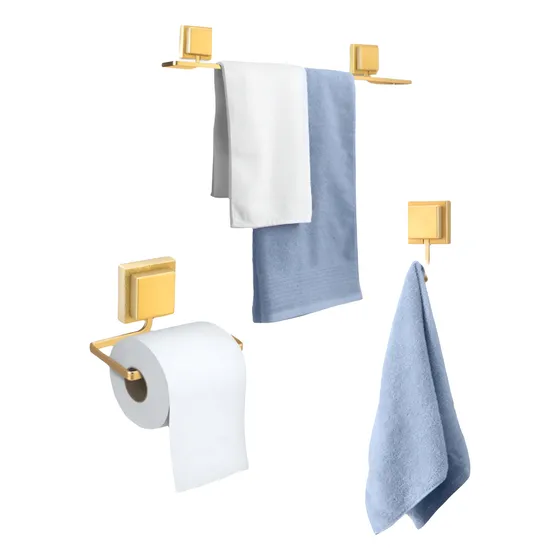 Kit Toalheiro Gancho Suporte Papel Higiênico Dourado Fosco