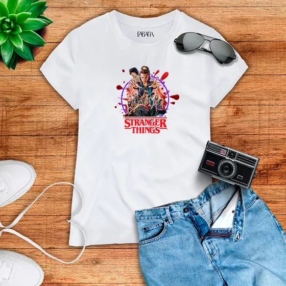 Franela Blanca Unisex Sublimada Diseño Stranger Things Niños