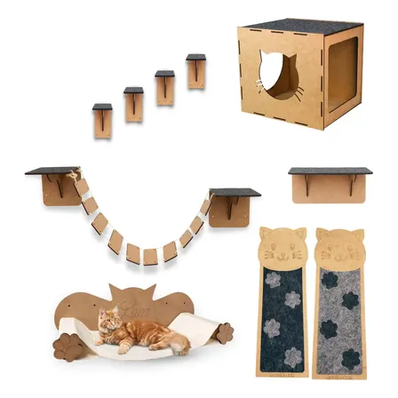 Kit Playground Para Gato 11 Peças Completo Em Mdf 4mm Cor Cru