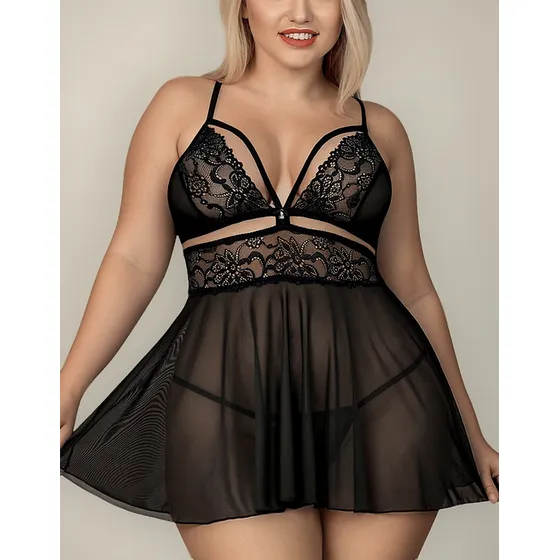 Baby Doll Talla Grande Plus Curvy Panty Transparencia Encaje