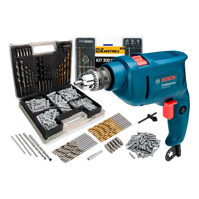 Furadeira De Impacto Bosch 450w 10mm Gsb 450 Re Com Jogo De Brocas Bits 300 Peças Azul 127v 50/60hz