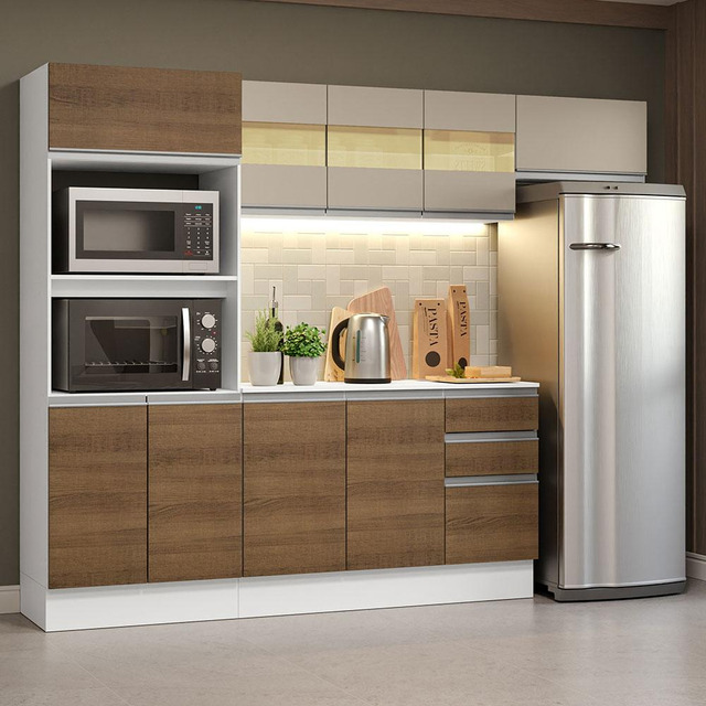 Armário De Cozinha Completa 100% Mdf 250cm Smart Madesa 03 Cor Branco/rustic Armário De Cozinha Completa 100% Mdf 250cm Smart Madesa 03 Cor Branco/rustic
