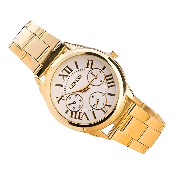 Relógio Estilo Luxo Pulseira Dourada Mostrador Branco Quartz