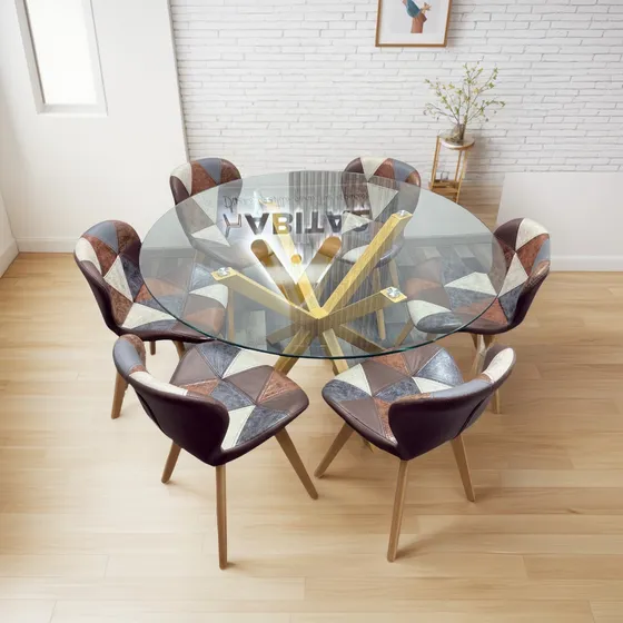 Comedor Redondo Nordic 6 Personas Sillas Radar Patchwork Color Marrón Diseño De La Tela De Las Sillas Patch