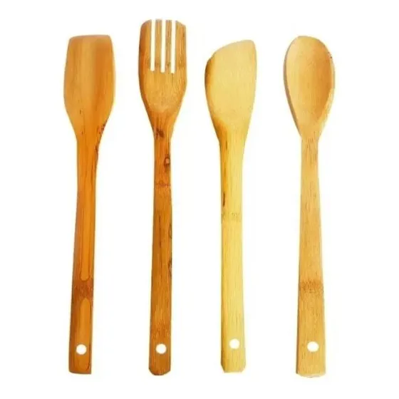 Set Cuchara De Bambú + 2 Espátulas + Tenedor Madera Cocina