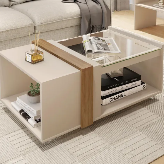 Mesa De Centro Com Vidro Mobiliário Para Sala Com Rodízios