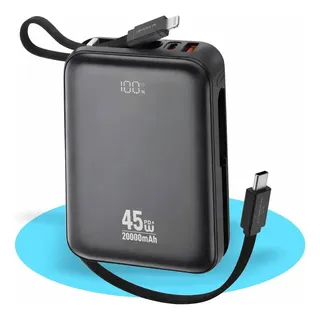 Carregador Portátil Turbo 20.000 mAh de 45W com Cabo Embutido para iPhone Samsung Xiaomi