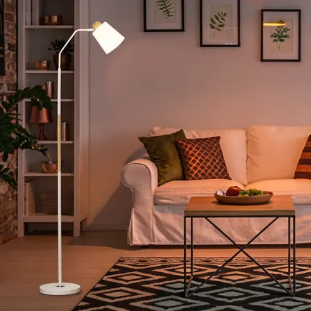 Luminária Abajur Articulada Chão, Leitura Quarto Pedestal Branco Palha