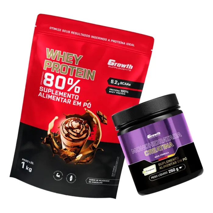 Kit Growth: Whey Protein Milkshake De Chocolate 1kg + Creatina Creapure Sem Sabor 250g