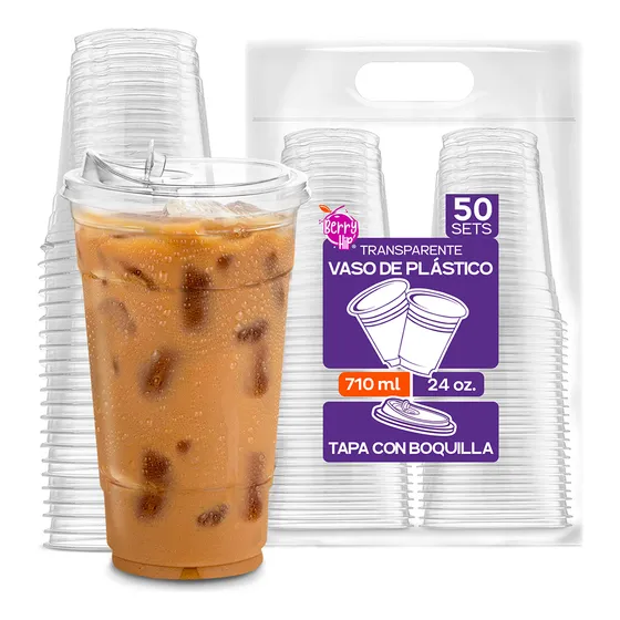 Berry Bloom Set de 50 Vasos Desechables de Plástico con Tapa Tipo Boquilla de 24 oz (710 ml) Transparentes y Resistentes para Bebidas Frías