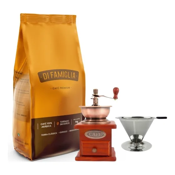 Moedor E Coador De Aço Com 1kg De Café Di Famiglia Em Grãos Cor Marrom