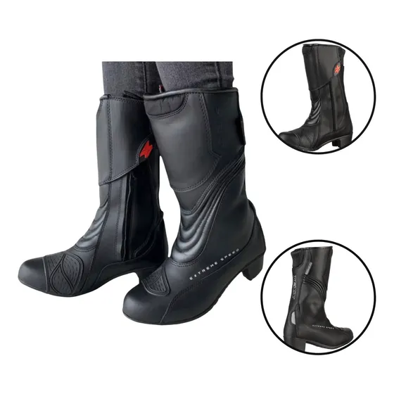 Bota Texx Strike V2 Feminina Moto Tamanho 36 Impermeável  proteção Conforto Motociclista Resistente couro Cano Longo tipo Coturno salto medio Bico Aço rígido anti-torção protege mulher na motocicleta