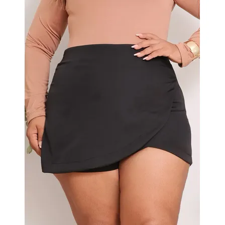 Short Saia Plus Size Cintura Alta Alfaiataria Premium Atual Preto Lisa G3