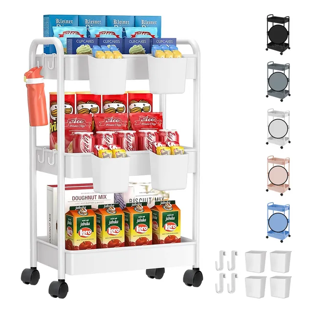 Carrito Organizador Multiusos 3 Niveles 4 Cestos y Ganchos Auxiliar Ruedas 360 Desmontable Soporta 13kg 72x37x21cm Blick Color Blanco