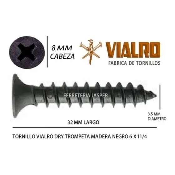 Tornillo Vialro Negro Madera Aguja 6 X 1 1/4 