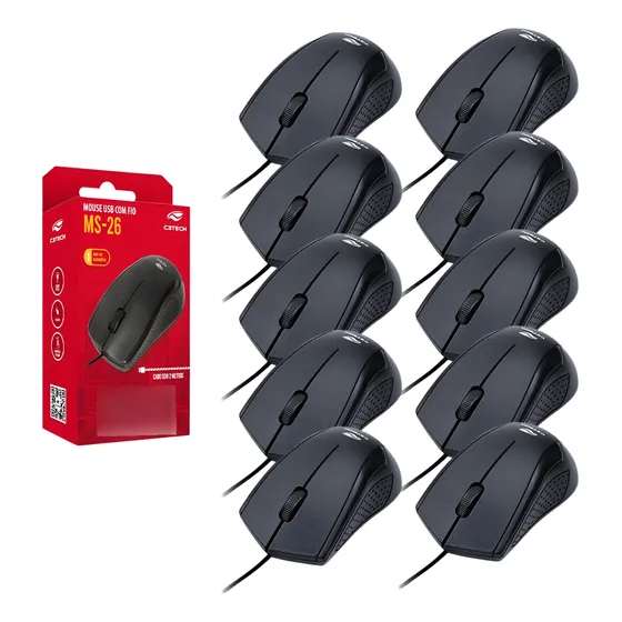 Mouse Usb Preto Com Fio Ms-26bk C3tech Kit 10 Atacado Fio 2m