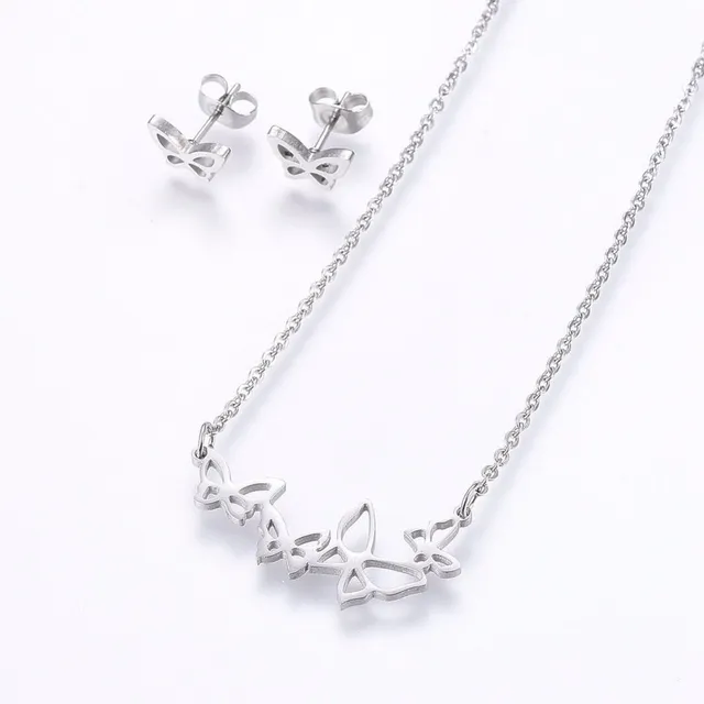 Set Collar + Aretes Con Dijes Mariposa Plateada 