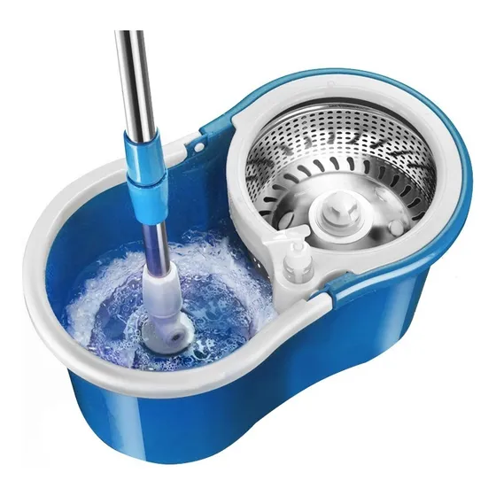 Balde Trapeador Escurridor Acero Centrifugo + 2 Mopas # Lampazo De Piso Giratorio Automatico Sin Pedal Color Azul Con Blanco
