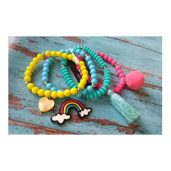 Kit Pulseira Infantil Color Pingente Arco Íris Nuvem Pompom Comprimento 15 Diâmetro 5 Cm
