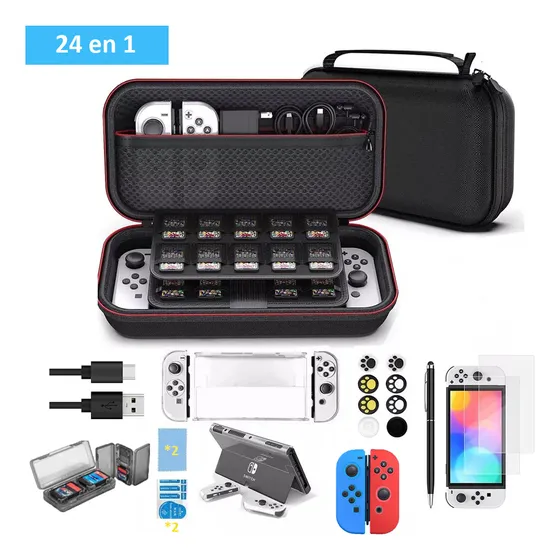 Estuche 24en1 Para Nintendo Switch Oled Con Lápiz Capacitivo Color Negro