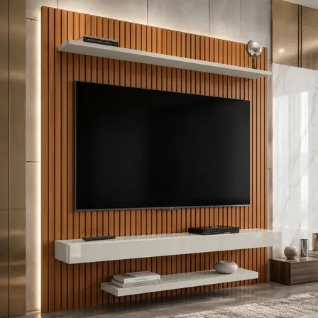 Painel Bancada Suspenso Para TV Até 60 Polegadas 2 Prateleiras 150cm Leme Cor Ripado/Off White