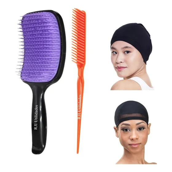Escova Cabelo Raquete, Pente 3 Fileiras, Touca Nero Pressão