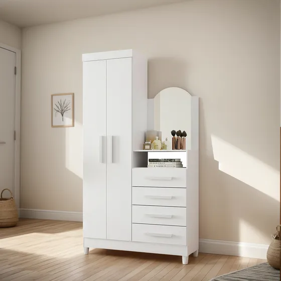 Guarda Roupa Cômoda Flex Espelho Quarto 2 Portas 4 Gavetas