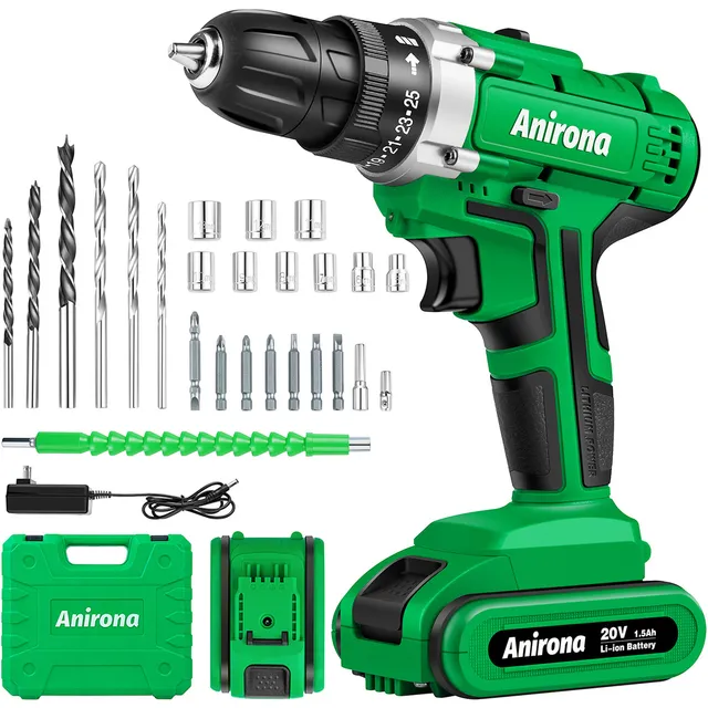 Taladro atornillador inalámbrico de 10mm Anirona AA2015-30 20V + 1 batería de 1.5Ah + accesorios con maletín de transporte Verde