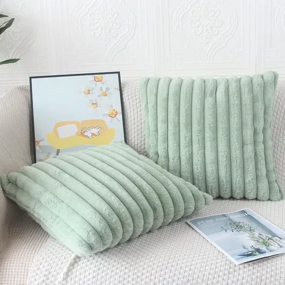 Cojín, Almohada 45x45 2 Unid Súper Suaves Y Peludas, A Rayas