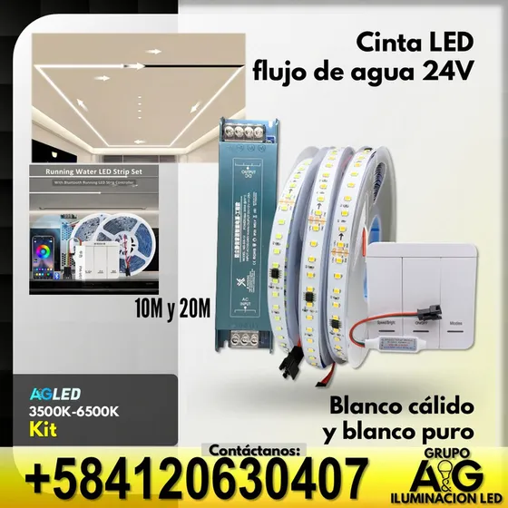 Kit Cinta Led Flujo De Agua Blanco P 20m 24v 6k Ctrl Transf