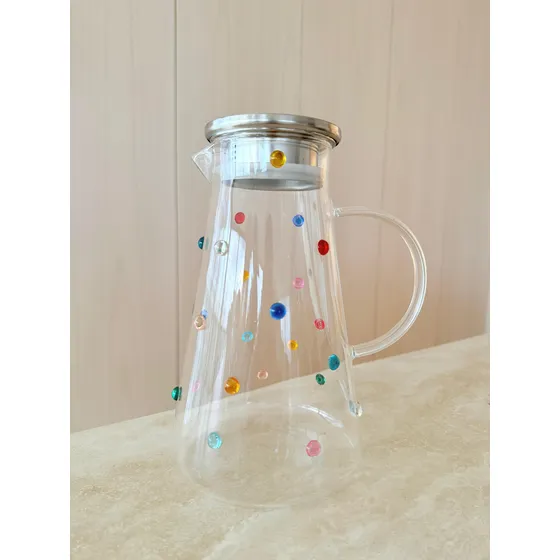 Jarra Água Suco Vidro Decorada Com Gemas Coloridas 1800 Ml