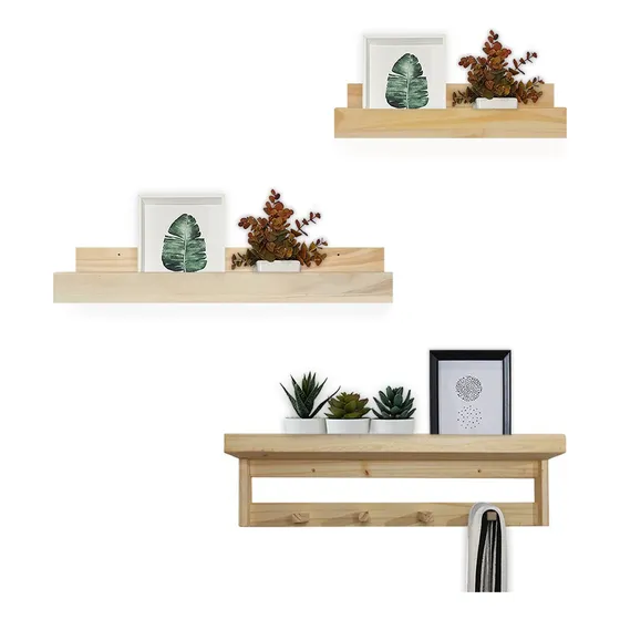 Combo Perchero Estante 60 + 2 Repisas Pared Madera Moderno