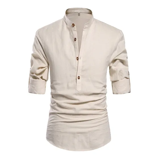 Camisa Cuello Mao Lino Hombre Casual Slim Fit Manga Larga
