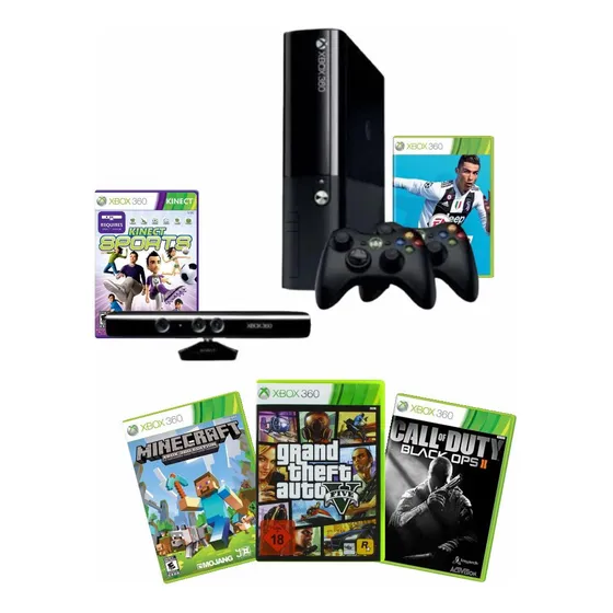Xbox 360 Com 2 Controles 1 Kinect 120gb Com Varios Jogos