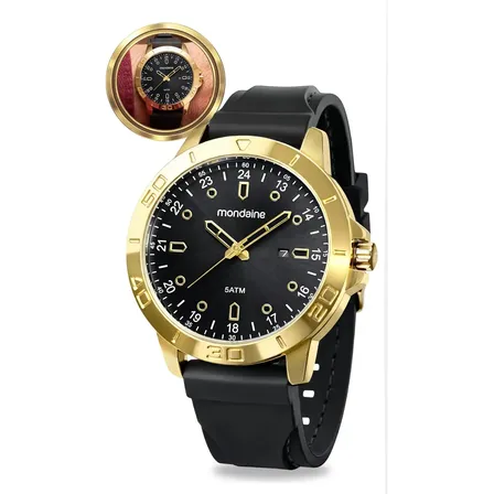 Relógio De Pulso Mondaine Com Corria De Silicone Cor Preto - Bisel Dourado