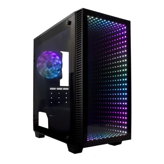 Gabinete Gamer Game Factor CSG560 Infinity Mirror Vidrio Templado 6 Ventiladores Soporte Micro-ATX/Mini ITX Usb 3.0 Argb Negro
