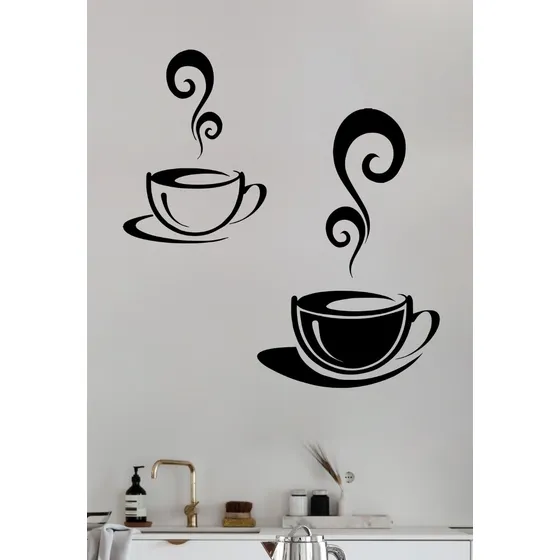 Vinilos Decorativos Vinil Pared Silueta Tazas Café Humeante Color Negro