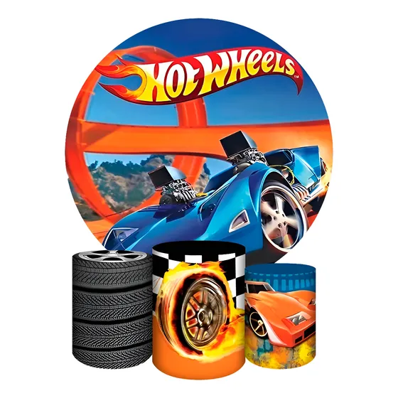 Painel Redondo E Capas De Cilindro Sublimados Tema Hotwheels