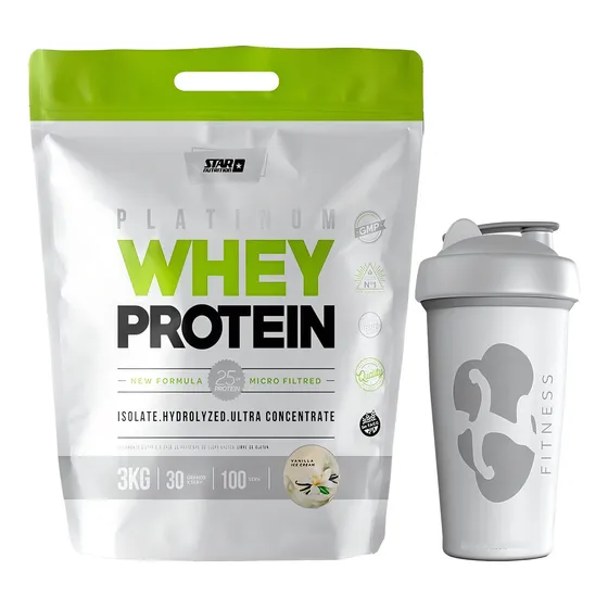 Whey Protein 3 Kg + Vaso Star Nutrition Masa Muscular Sabor Vainilla